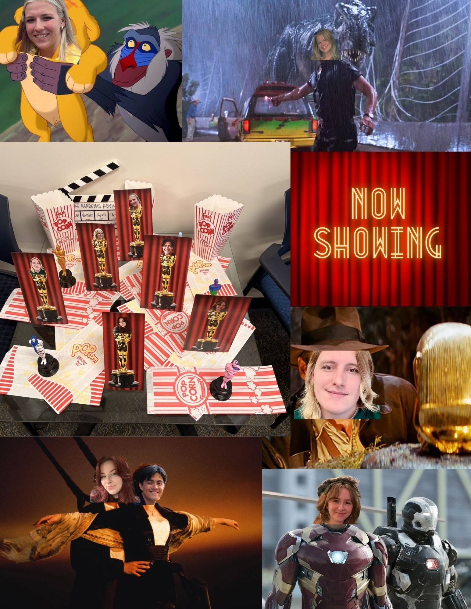 Movie posters of the Lion King, Jurassic Park, Indiana Jones, Iron Man and the Titanic with photos of the student employees faces on the posters. There is also a popcorn table with Oscar trophies with the student pictures on them